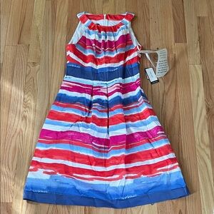 Nine West Mini Dress Womens 2 Red Blue Striped Sleeveless Fit & Flare Artsy NWT